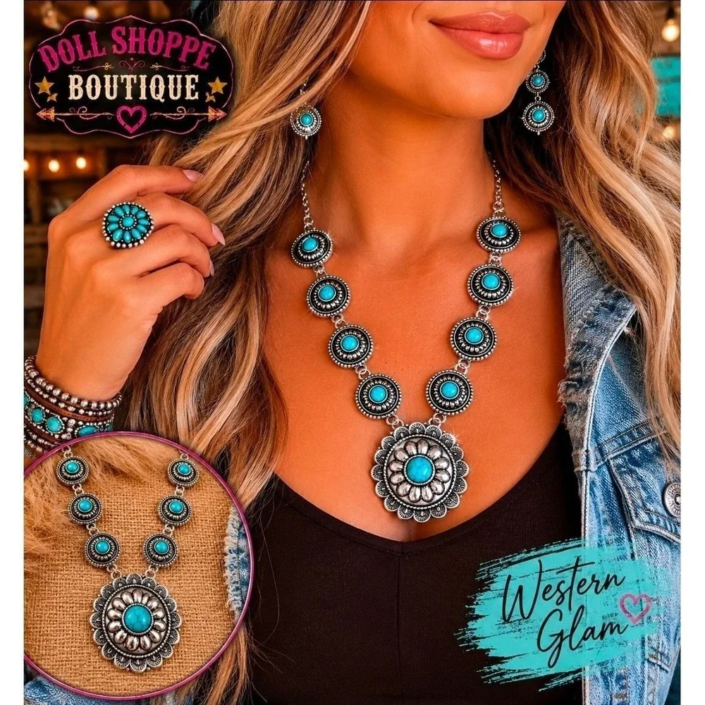 Western Turquoise Concho Statement Necklace